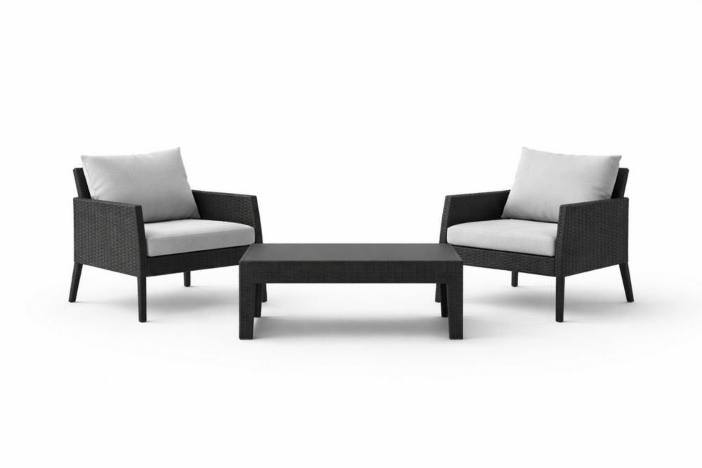 Set di tavolo e sedie da esterno in rattan sintetico grigio/nero, composto da 2 poltrone e un tavolino