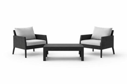 Set di tavolo e sedie da esterno in rattan sintetico grigio/nero, composto da 2 poltrone e un tavolino