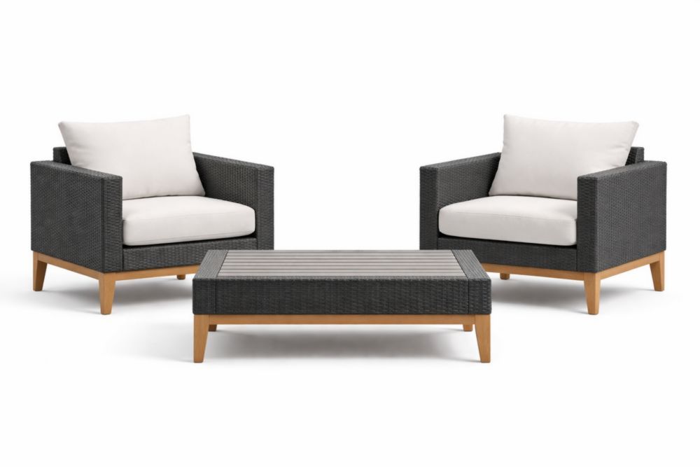 Set 2 Poltrone e Tavolino Rettangolare in Rattan Sintetico e Legno Massello