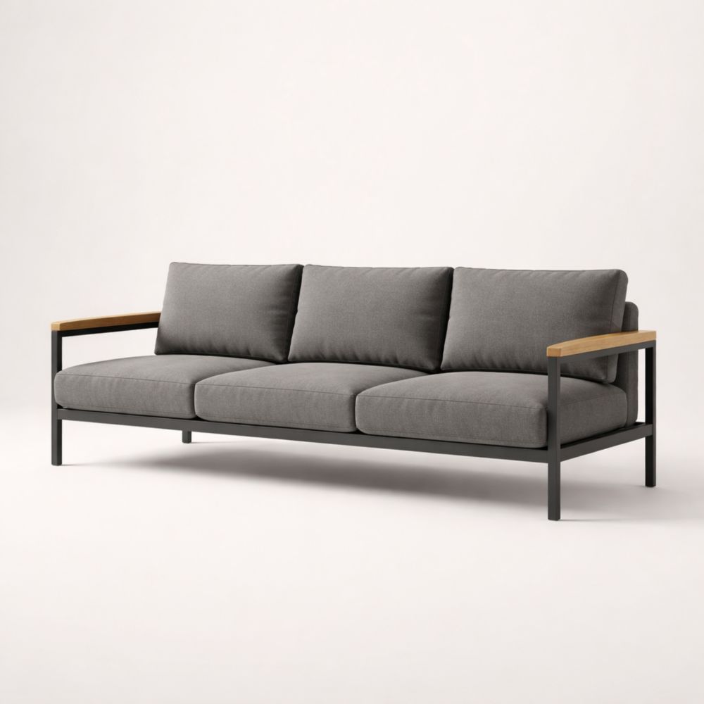 Divano a 3 posti in metallo e legno con cuscini grigi