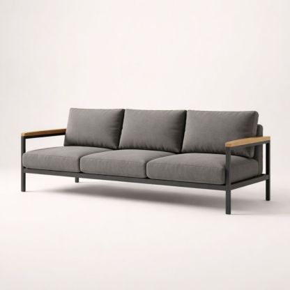 Divano a 3 posti in metallo e legno con cuscini grigi