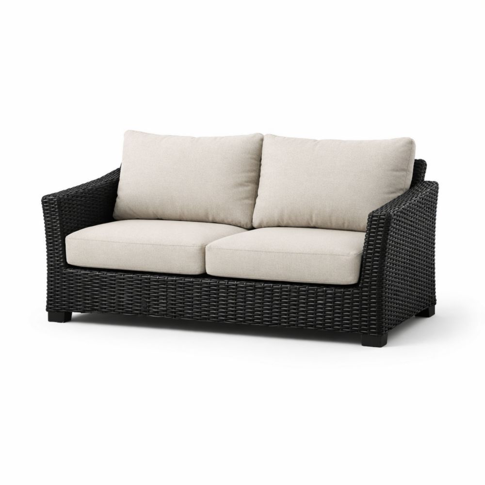 Divano Due Posti in Rattan Nero con Cuscini Bianco Crema
