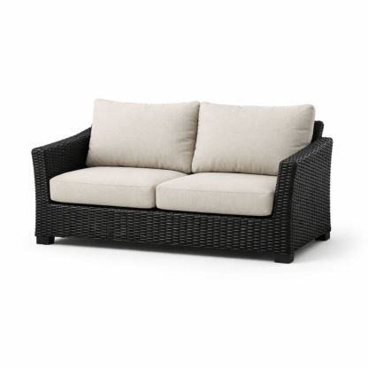 Divano Due Posti in Rattan Nero con Cuscini Bianco Crema