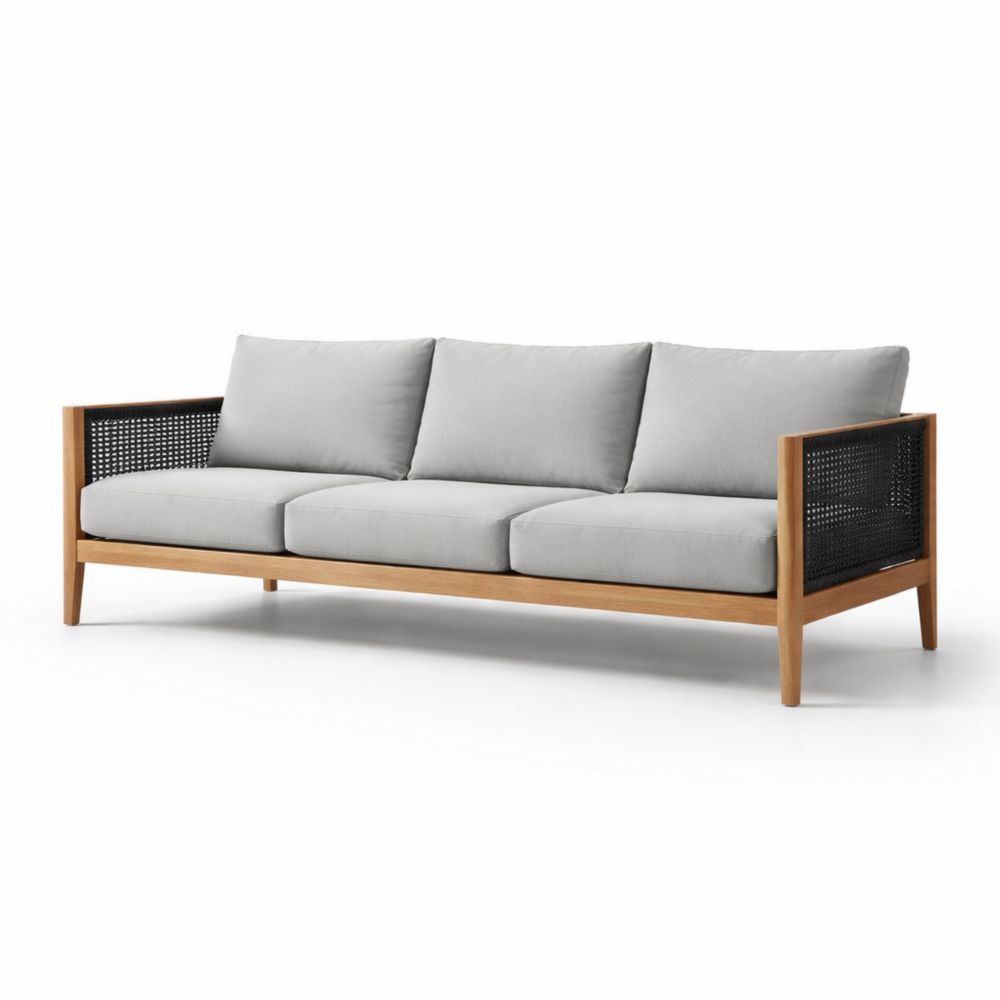 Divano 3 posti in legno con cuscini in tessuto grigio