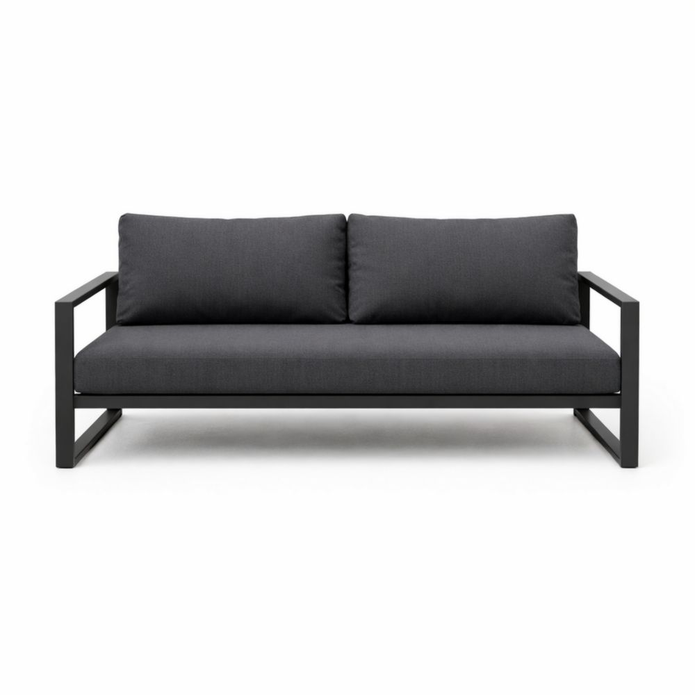 Divano in alluminio nero con cuscini grigi