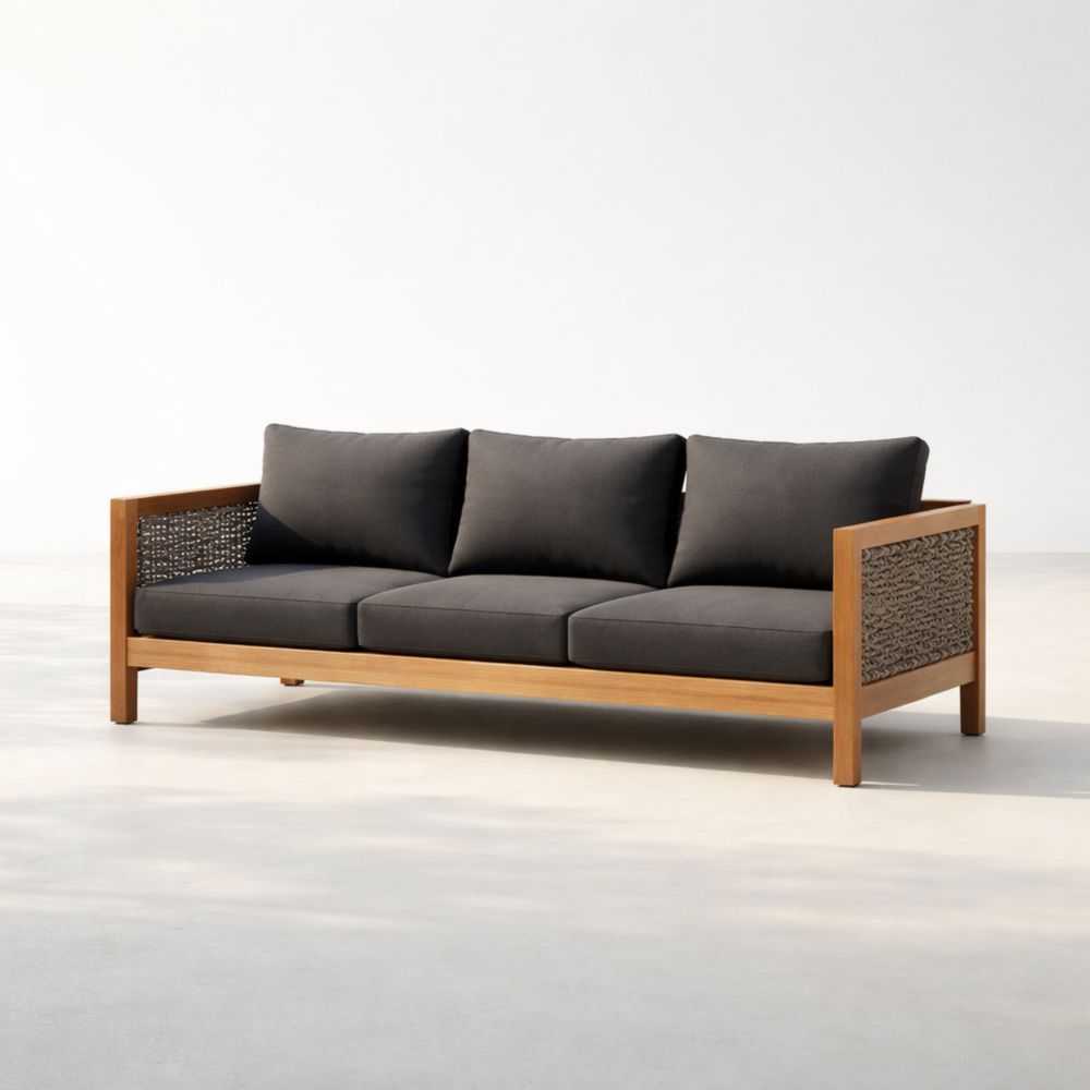 Divano Tre Posti in Legno di Teak e Tessuto Poliestere Grigio