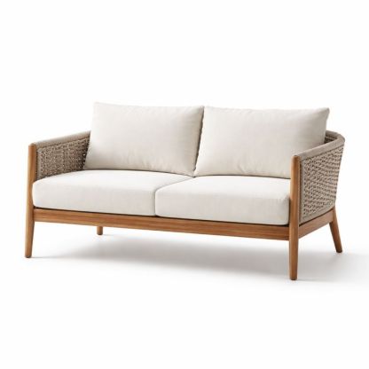 Divano a due posti in legno e corda intrecciata con cuscini bianchi