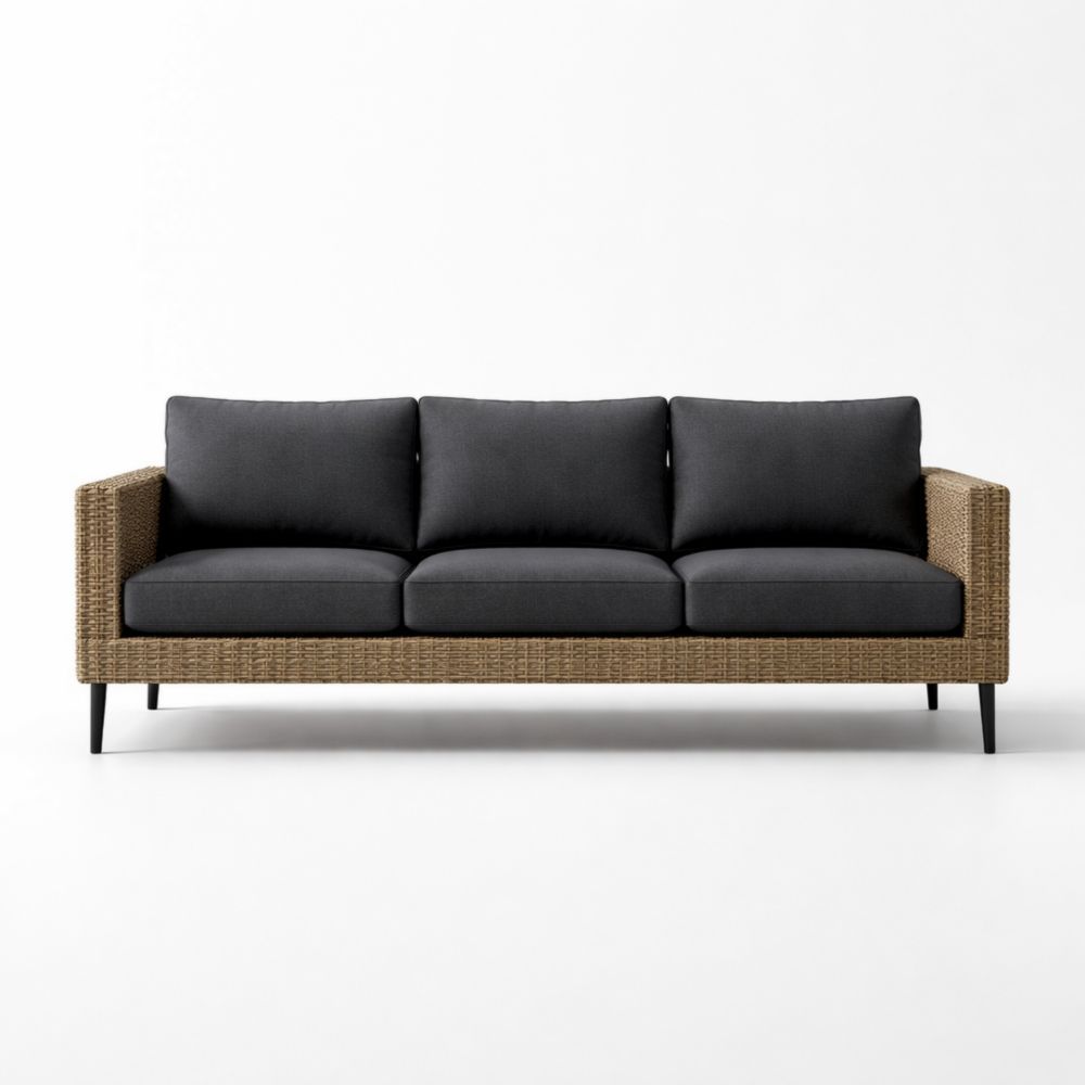 Divano a 3 Posti in Rattan e Metallo con Cuscini in Poliestere Grigio