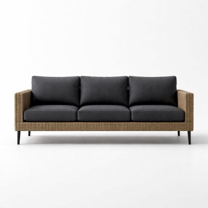 Divano a 3 Posti in Rattan e Metallo con Cuscini in Poliestere Grigio