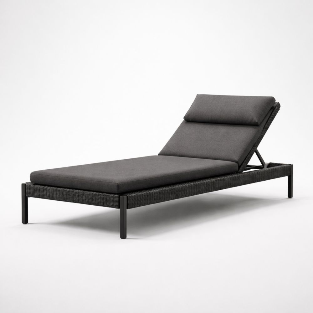 Lettino prendisole regolabile in alluminio con rattan sintetico e cuscini in tessuto poliestere nero