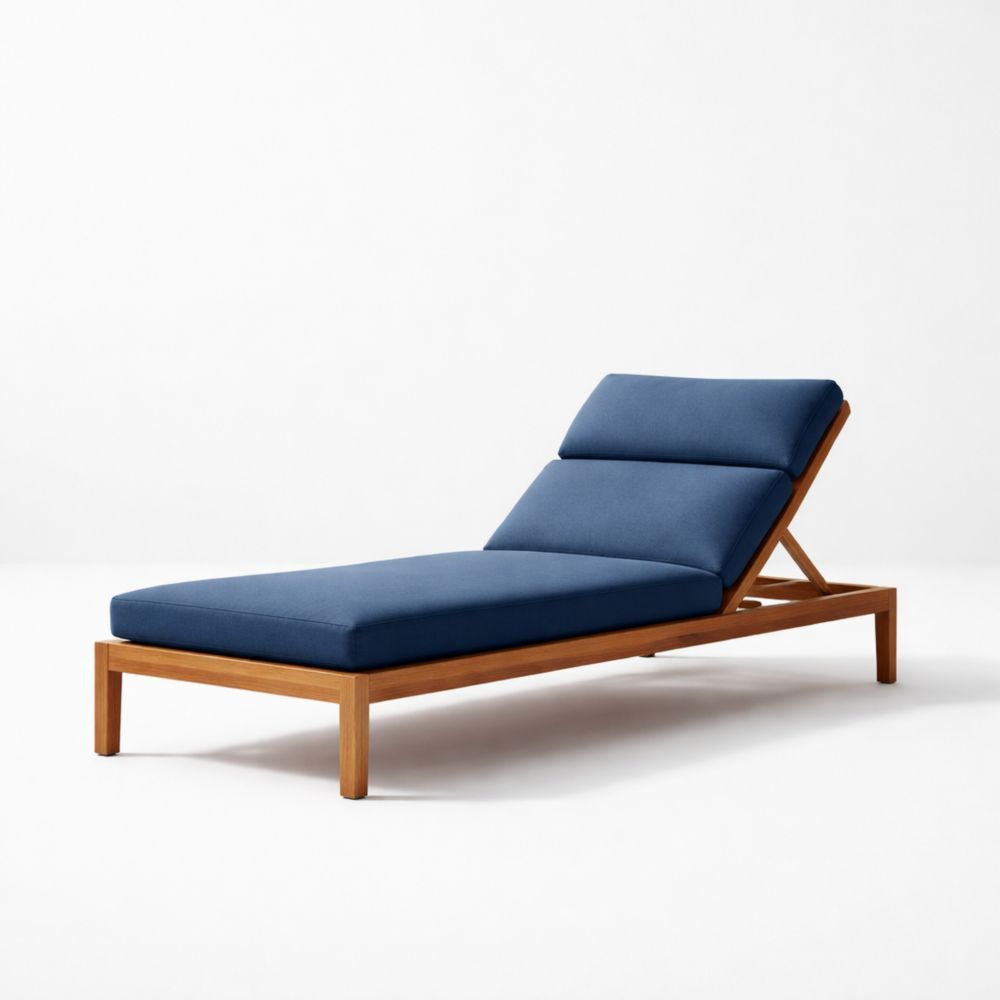 Sedia a sdraio regolabile in legno di teak con cuscini in tessuto blu