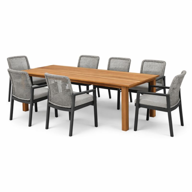 Set da pranzo rettangolare in legno di teak e alluminio con 7 sedie