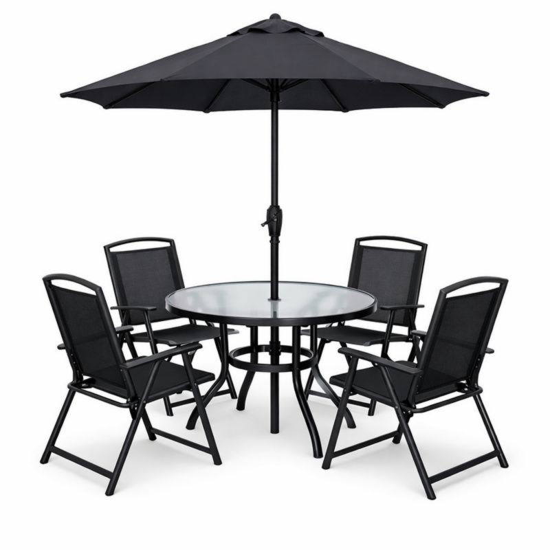 Set da Giardino con Tavolo Rotondo in Vetro e Sedie Pieghevoli con Ombrellone Nero