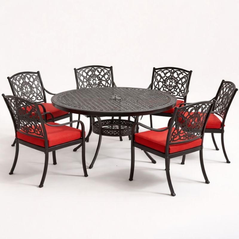 Set Tavolo Rotondo e Sedie da Giardino in Alluminio con Cuscini Rossi