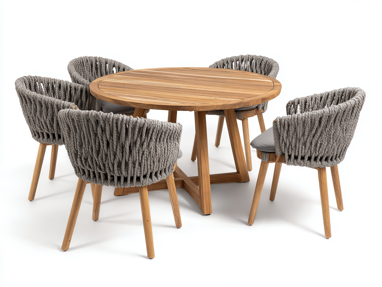 Set da pranzo da esterno tavolo rotondo con sedie intrecciate 120x120x75 cm - legno naturale grigio - stile contemporaneo per giardino-Casamyhaus
