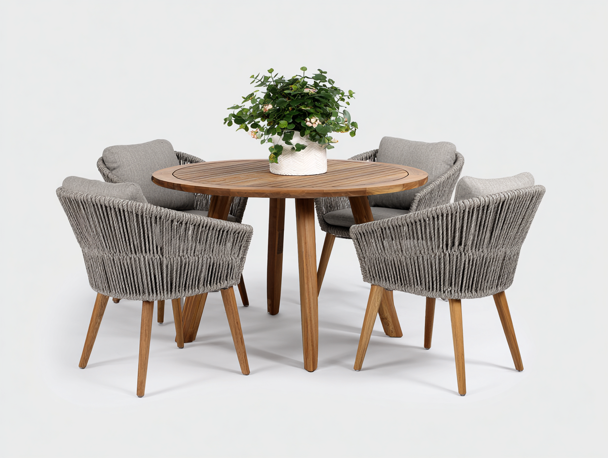 Set da pranzo da esterno tavolo rotondo con sedie intrecciate 110x110x74 cm - legno naturale grigio - design elegante per giardino-Casamyhaus