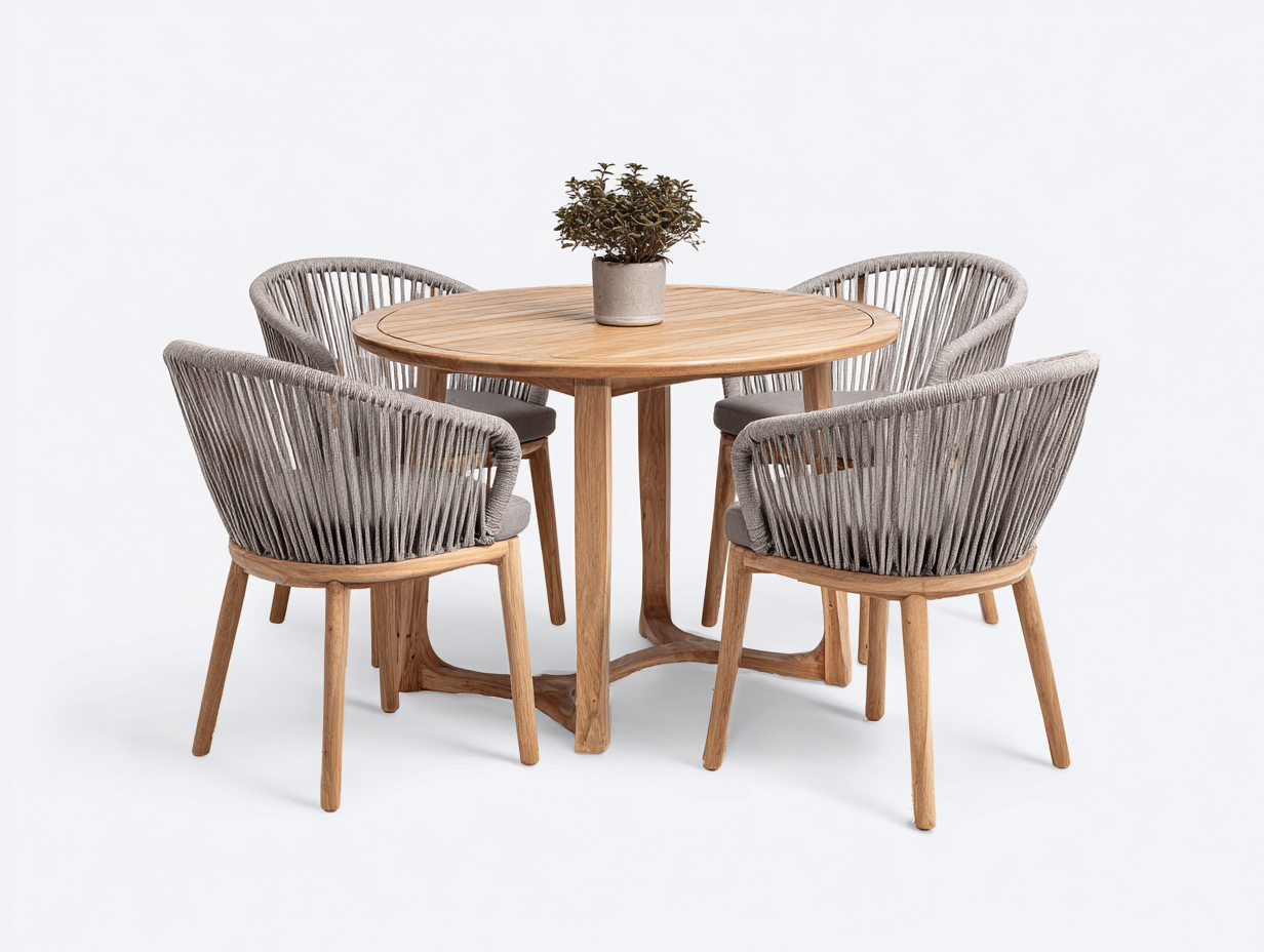 Set da pranzo da esterno 120x120x75 cm in legno e corda - marrone-grigio - stile naturale per giardino-Casamyhaus