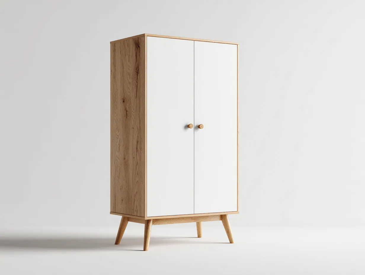 2 Door Wardrobes Wood Construction 35x20x71 (inches) - White-Natural Wood - Modern Storage Design-Casaupio