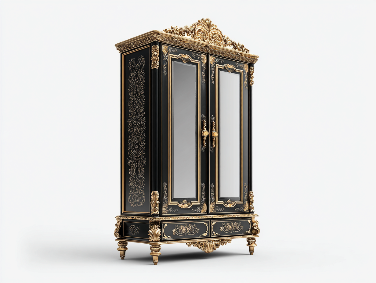 2 Door Wardrobes Ornate Wood 40x22x78 inches - Black Gold - Luxury Classic Storage Design-Casaupio