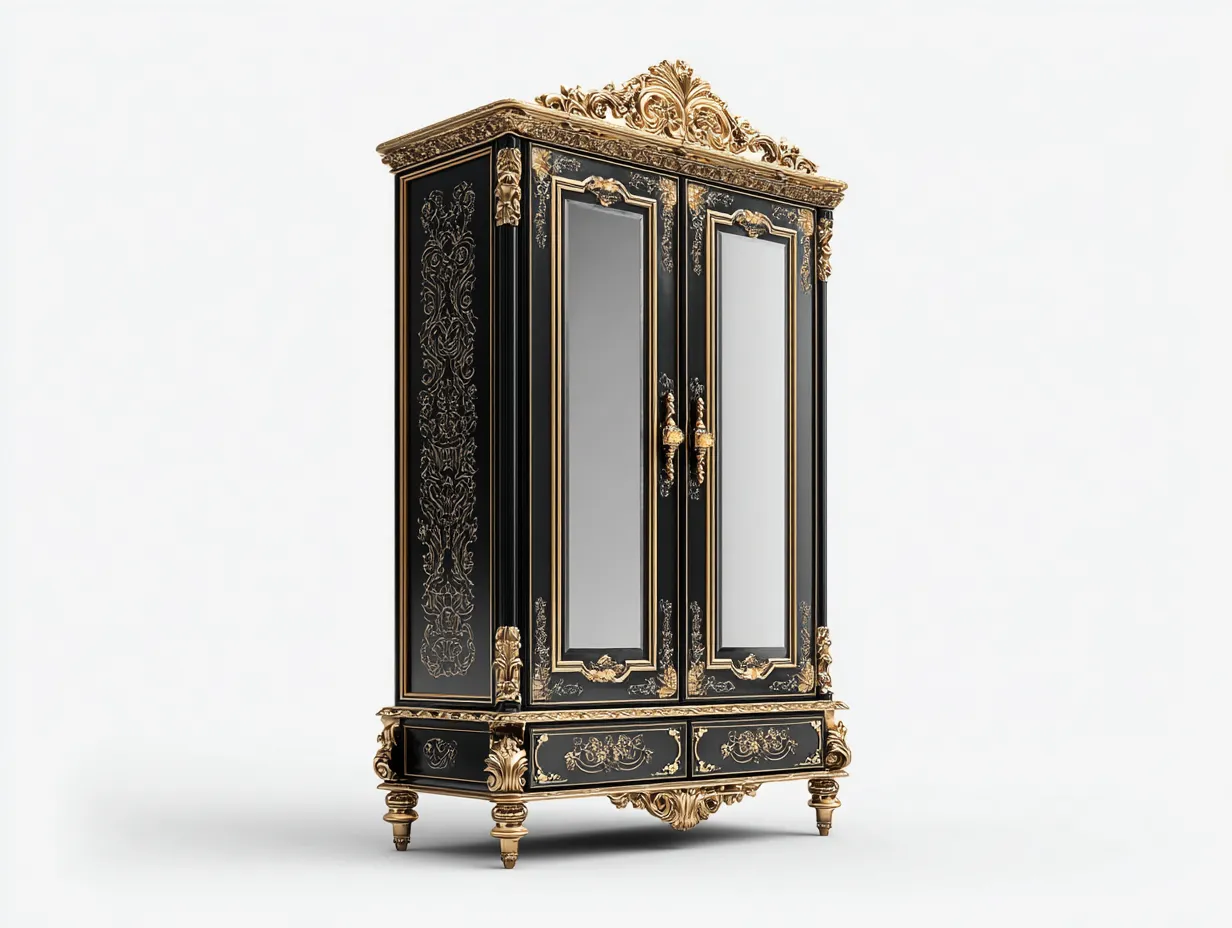 2 Door Wardrobes Ornate Wood 40x22x78 inches - Black Gold - Luxury Classic Storage Design-Casaupio