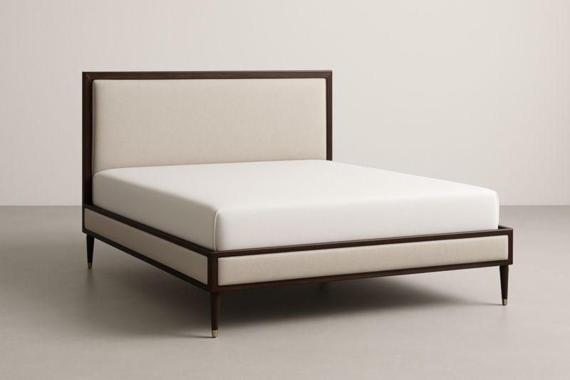 Lit double en bois massif et tissu beige 200x160×110 cm