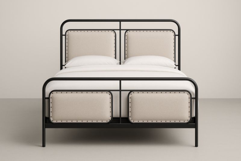 Lit double en métal noir avec rembourrage tissu beige 140x200×120 cm