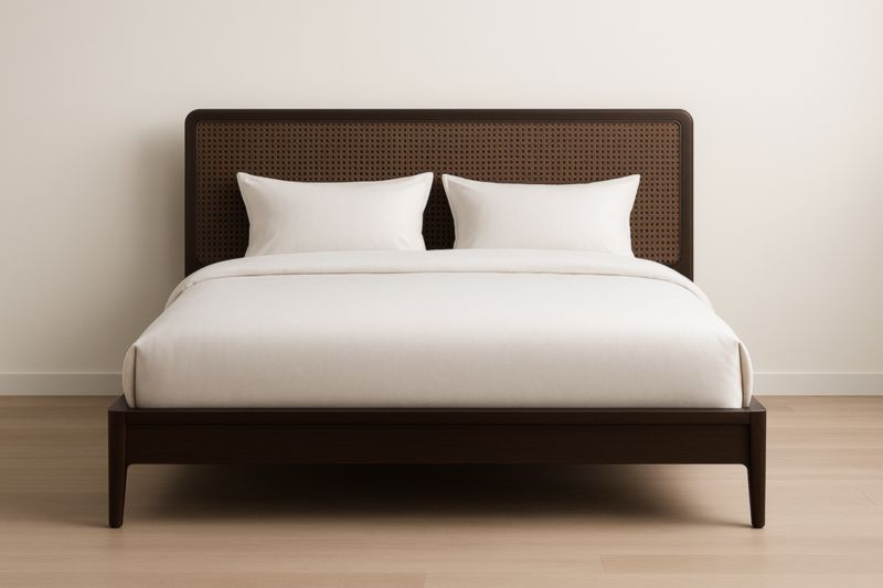 Lit double en bois massif avec tête de lit en rotin