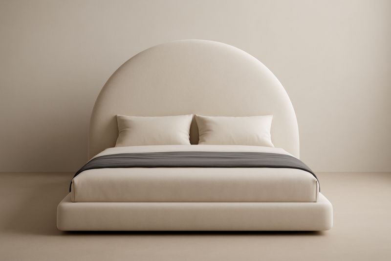 Lit double en tissu polyester beige avec tête de lit arrondie