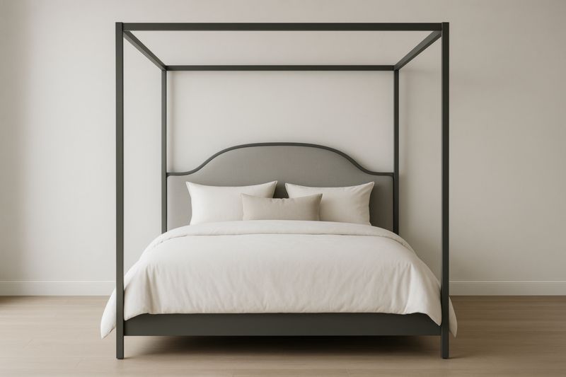 Lit baldaquin en métal gris avec tête de lit en tissu 200x160×210 cm