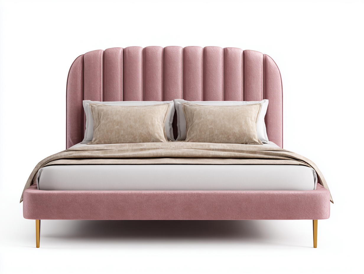 Queen Bed upholstered bed frame with vertical channel headboard 64.8x85.8x51.6 inches - blush pink - modern soft design-Havenmyden