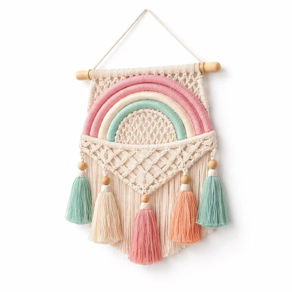Arazzo Decorativo Arcobaleno in Tessuto Intrecciato con Frange Pastello-urbanuphold