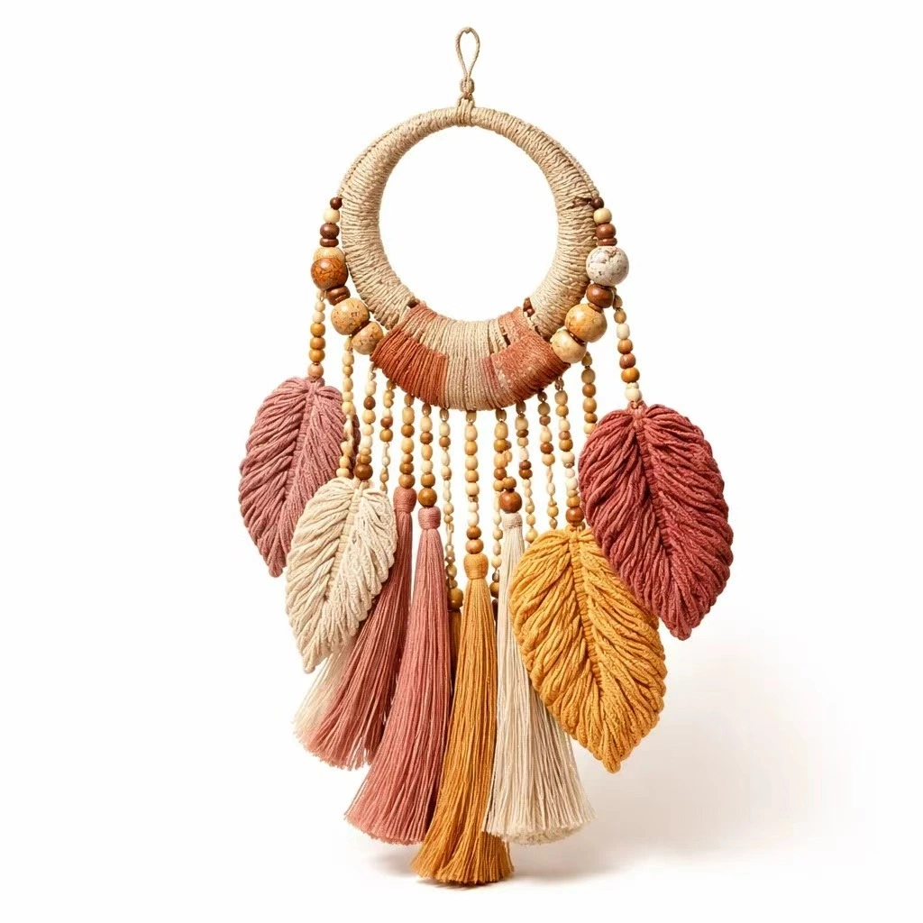 Decorazione Boho da Parete con Anello e Foglie in Macrame-urbanuphold