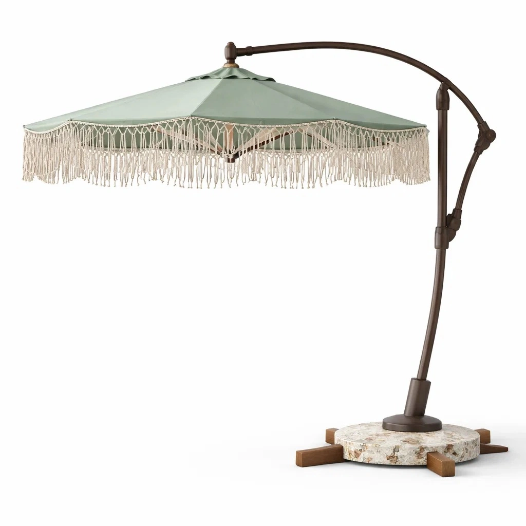 Ombrellone Vintage a Braccio Verde Chiaro con Frange e Base in Pietra-urbanuphold