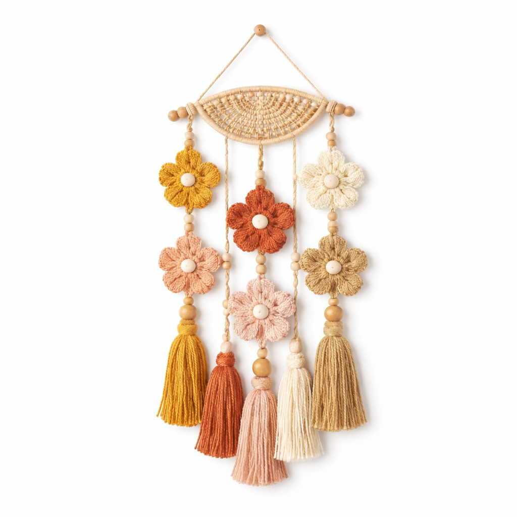 Decorazione Murale Artigianale con Fiori in Cotone e Nappe