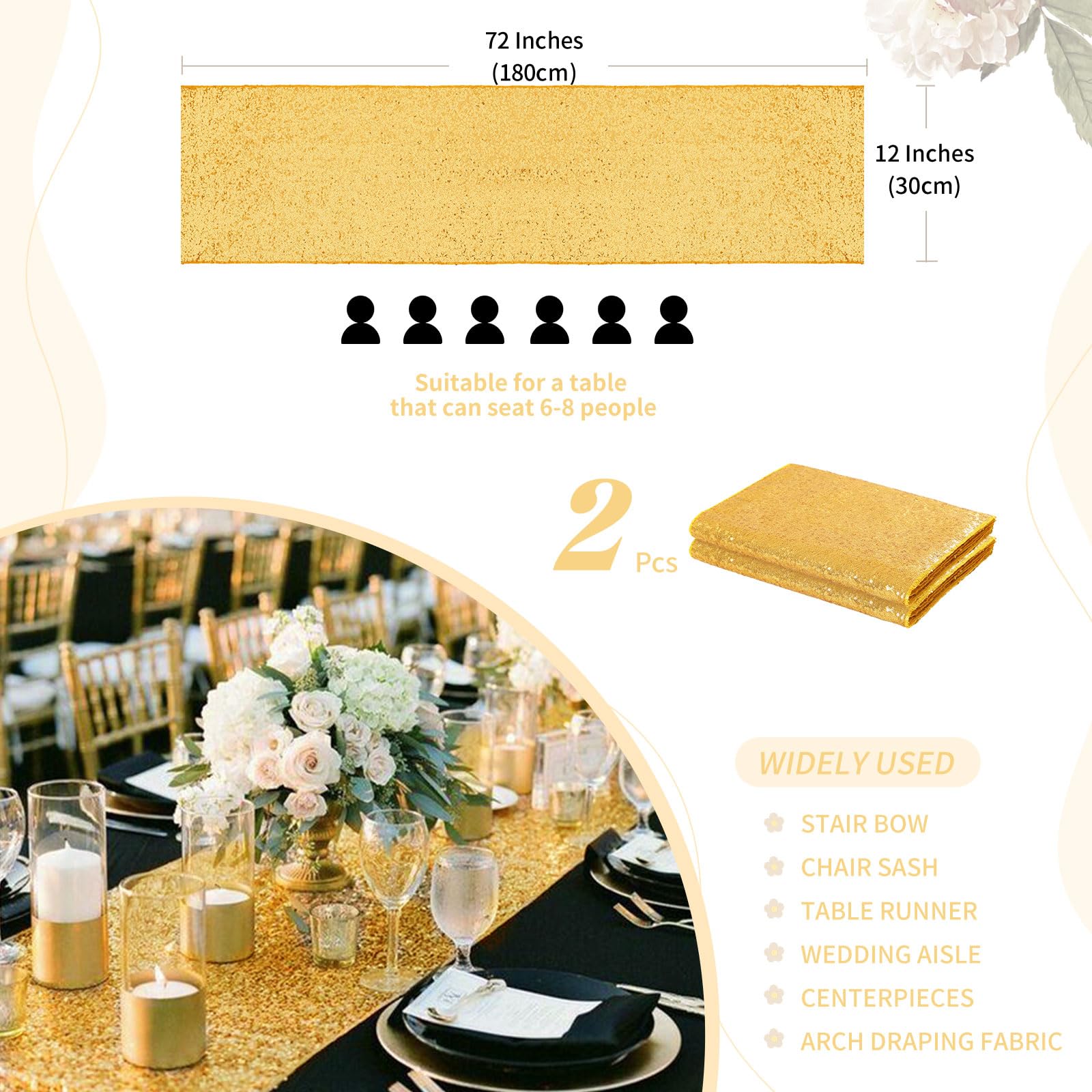 Sequin Table Runners 2 Pieces Table Runners Inch Glitter Dining Table Cover for Party Wedding Birthday Reception Banquet Decoration Spring Party Chair Sashes