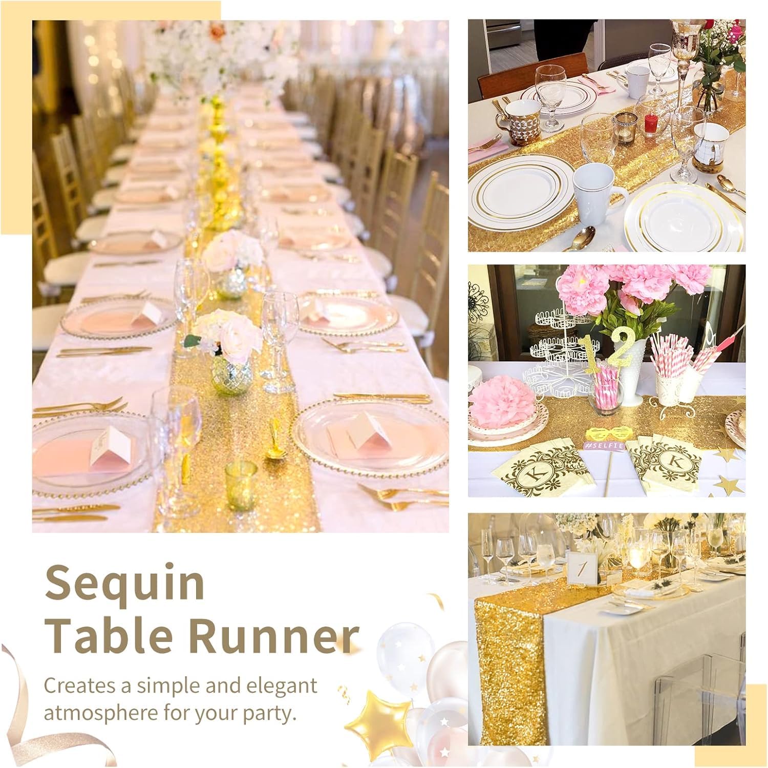Sequin Table Runners 2 Pieces Table Runners Inch Glitter Dining Table Cover for Party Wedding Birthday Reception Banquet Decoration Spring Party Chair Sashes