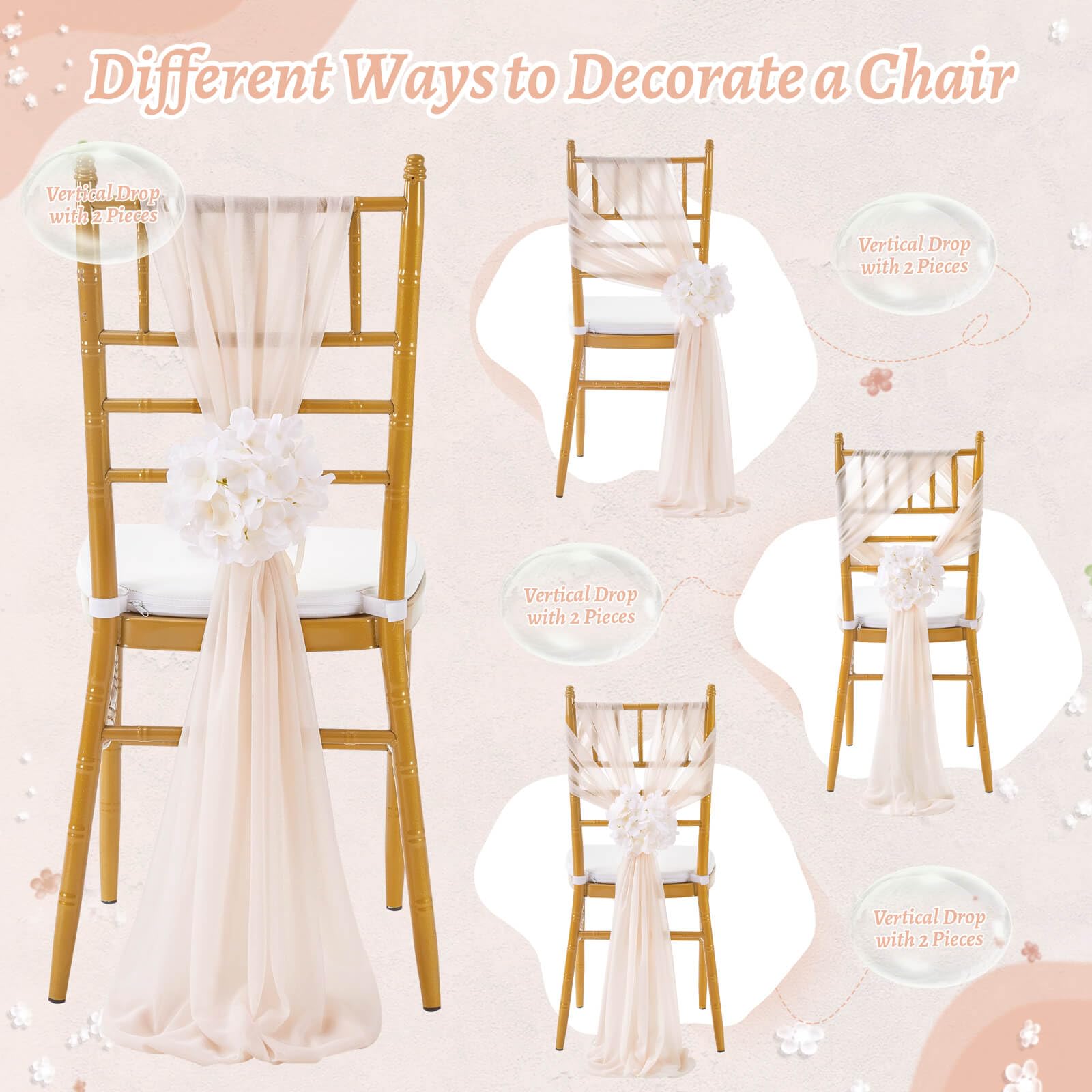 White Wedding Chair Sashes, 16 Pack Sheer Tulle with Artificial Hydrangea Accents for Ceremony & Reception Decorations