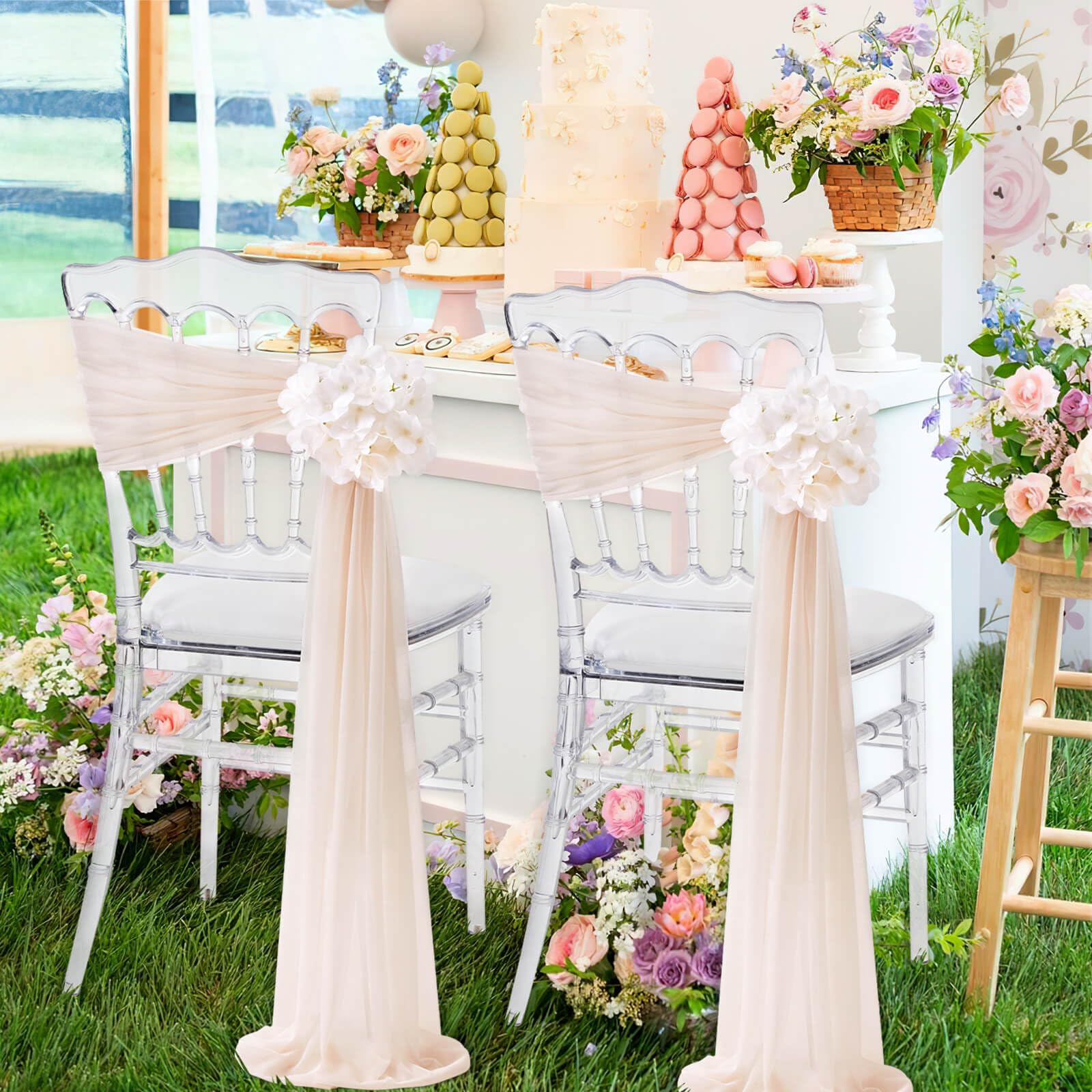 White Wedding Chair Sashes, 16 Pack Sheer Tulle with Artificial Hydrangea Accents for Ceremony & Reception Decorations