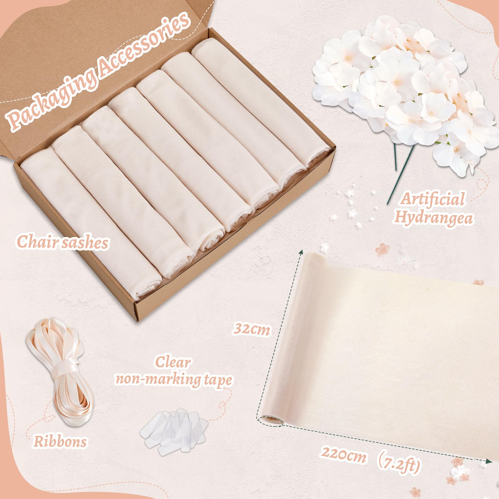 White Wedding Chair Sashes, 16 Pack Sheer Tulle with Artificial Hydrangea Accents for Ceremony & Reception Decorations