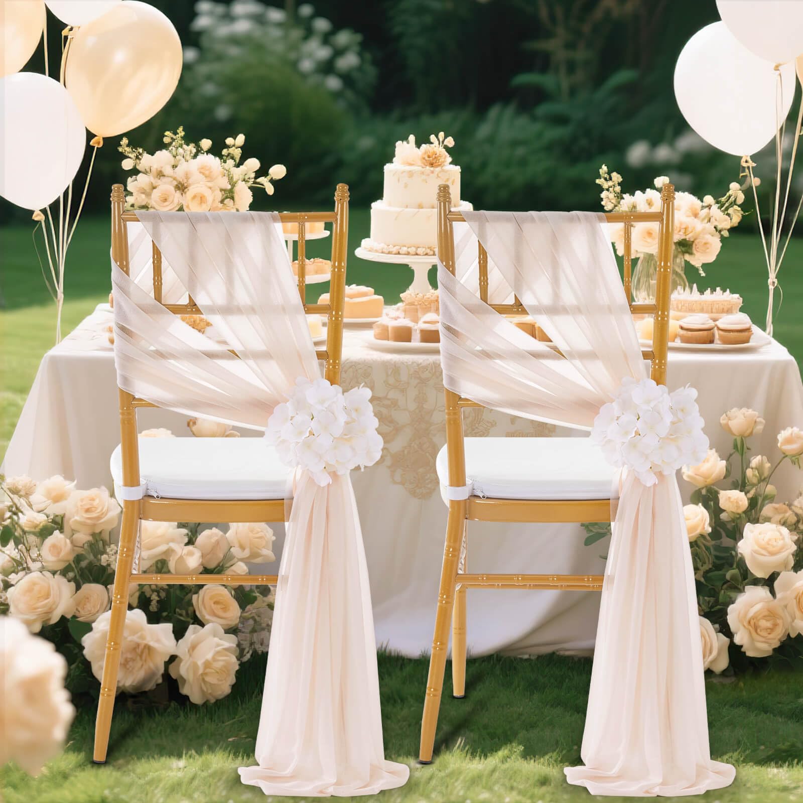 White Wedding Chair Sashes, 16 Pack Sheer Tulle with Artificial Hydrangea Accents for Ceremony & Reception Decorations