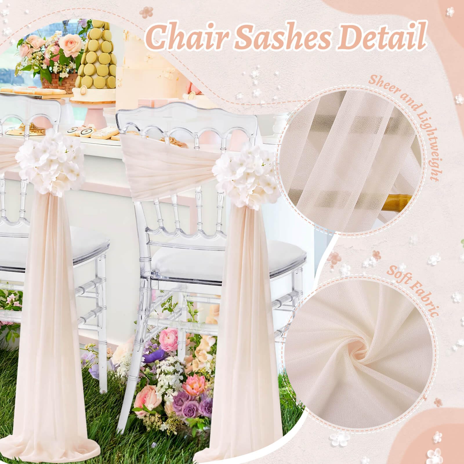 White Wedding Chair Sashes, 16 Pack Sheer Tulle with Artificial Hydrangea Accents for Ceremony & Reception Decorations