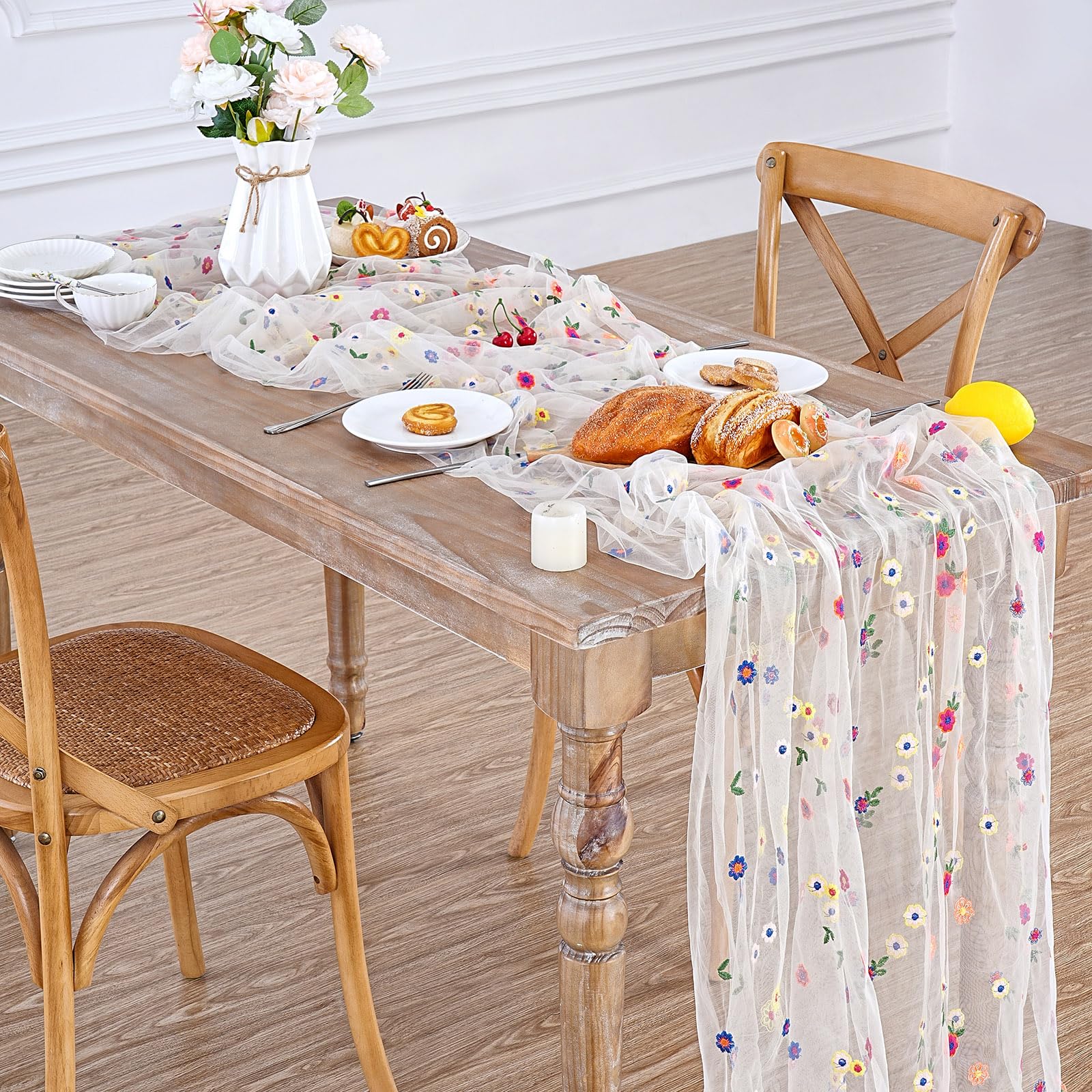 Floral Table Runner Embroidery Daisy Table Runners 10FT 1PC Sheer Tulle Flower Fabric for Home Party Kitchen Dining Table Decorations