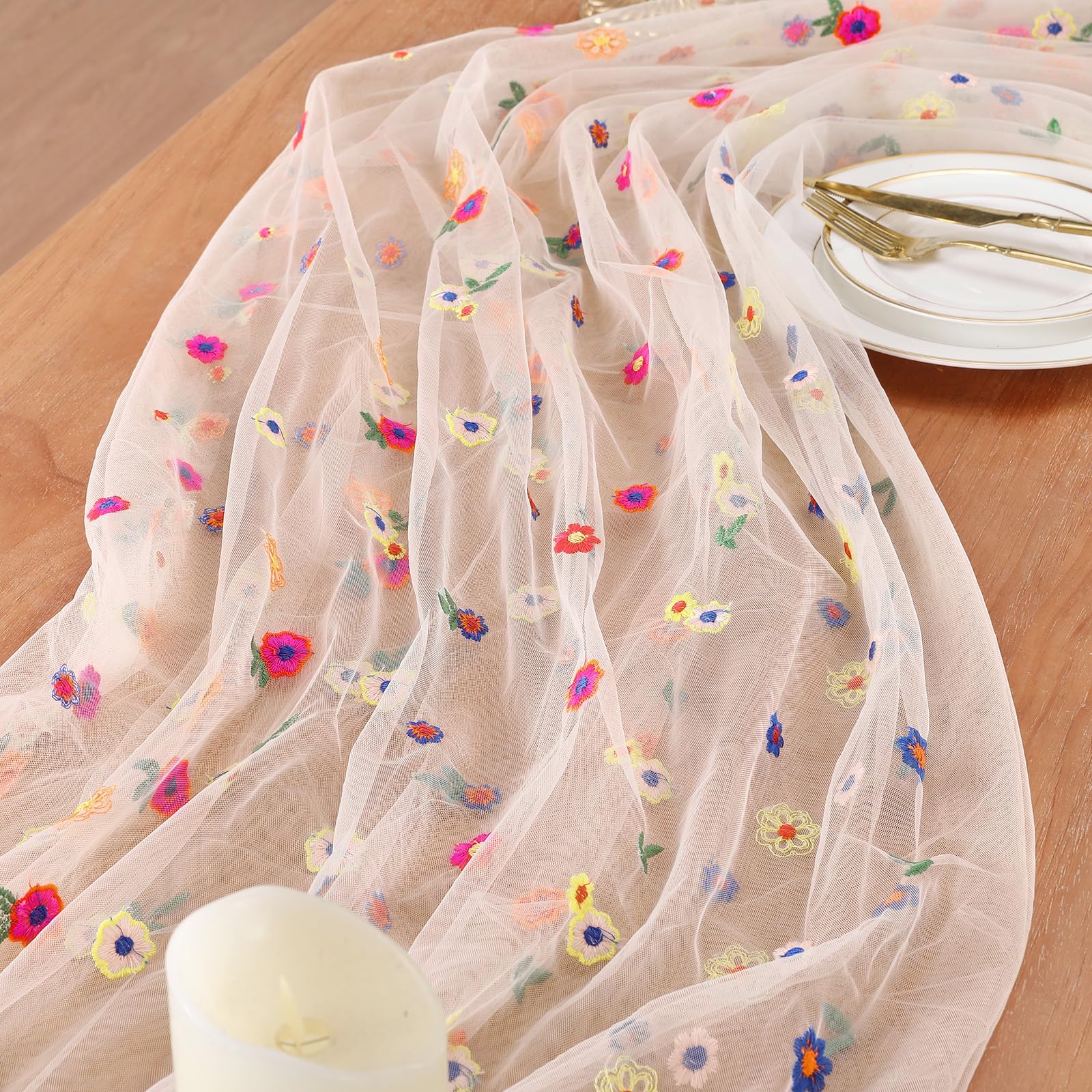 Floral Table Runner Embroidery Daisy Table Runners 10FT 1PC Sheer Tulle Flower Fabric for Home Party Kitchen Dining Table Decorations