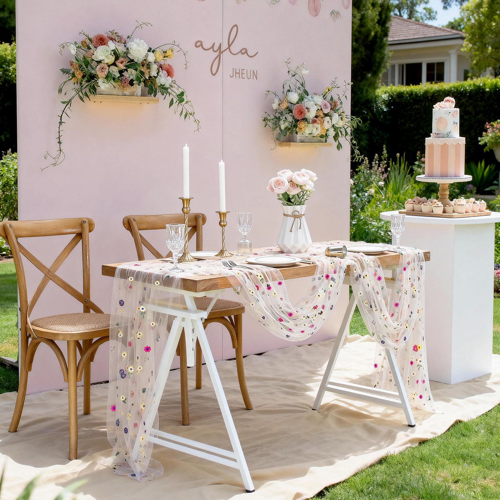 Floral Table Runner Embroidery Daisy Table Runners 10FT 1PC Sheer Tulle Flower Fabric for Home Party Kitchen Dining Table Decorations