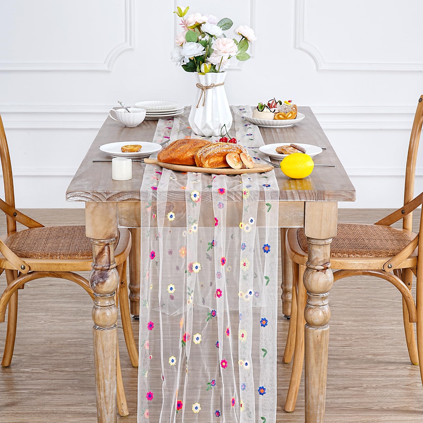 Floral Table Runner Embroidery Daisy Table Runners 10FT 1PC Sheer Tulle Flower Fabric for Home Party Kitchen Dining Table Decorations