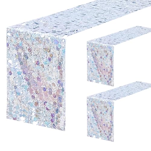 Iridescent Sequin Table Runner: 3 Packs 12x72 Inches Colorful Cake Decor - Sunset Dinner Wedding Baby Shower Pool Party Tropical Themes