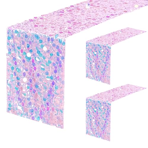 Iridescent Sequin Table Runner: 3 Packs 12x72 Inches Colorful Cake Decor - Sunset Dinner Wedding Baby Shower Pool Party Tropical Themes