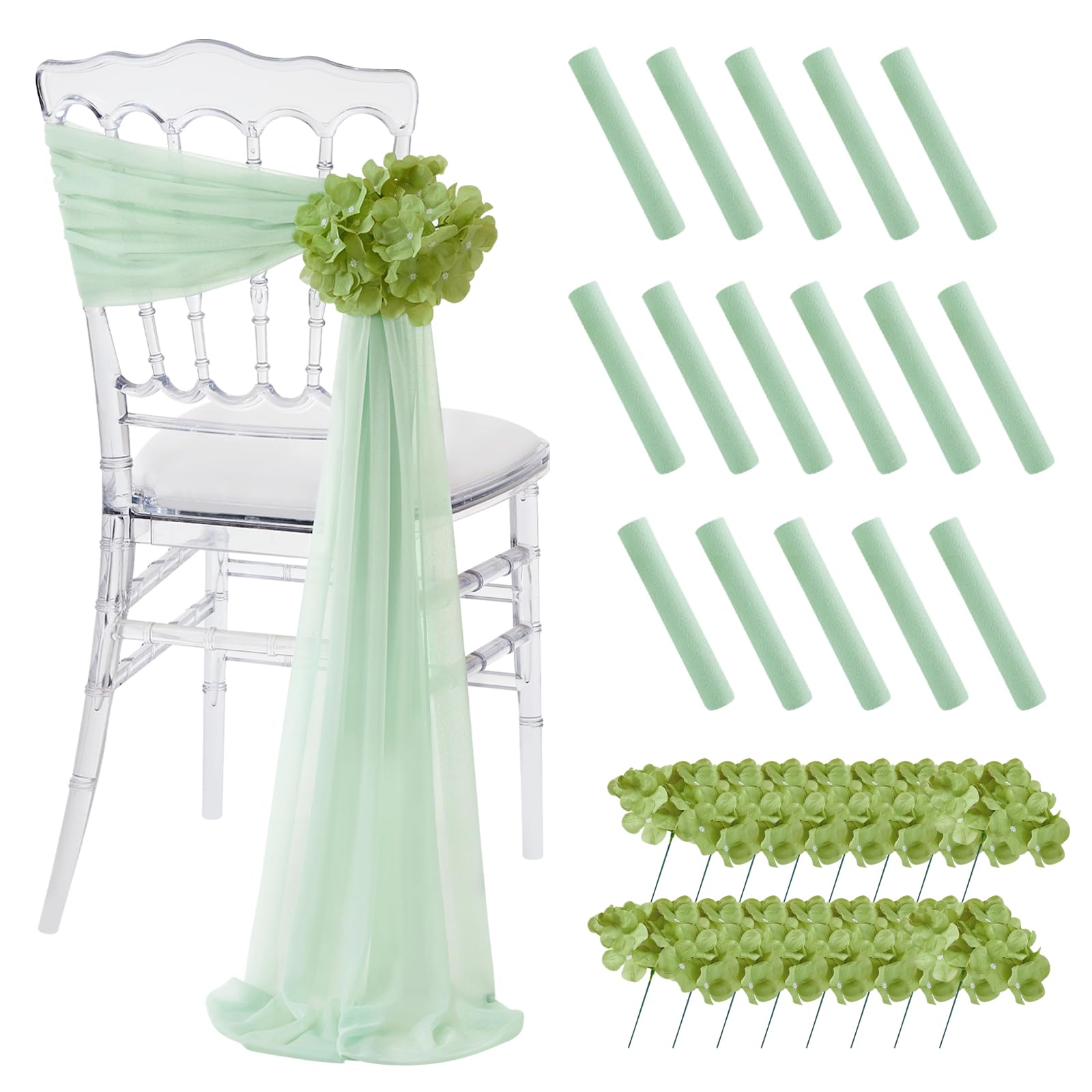 White Wedding Chair Sashes, 16 Pack Sheer Tulle with Artificial Hydrangea Accents for Ceremony & Reception Decorations