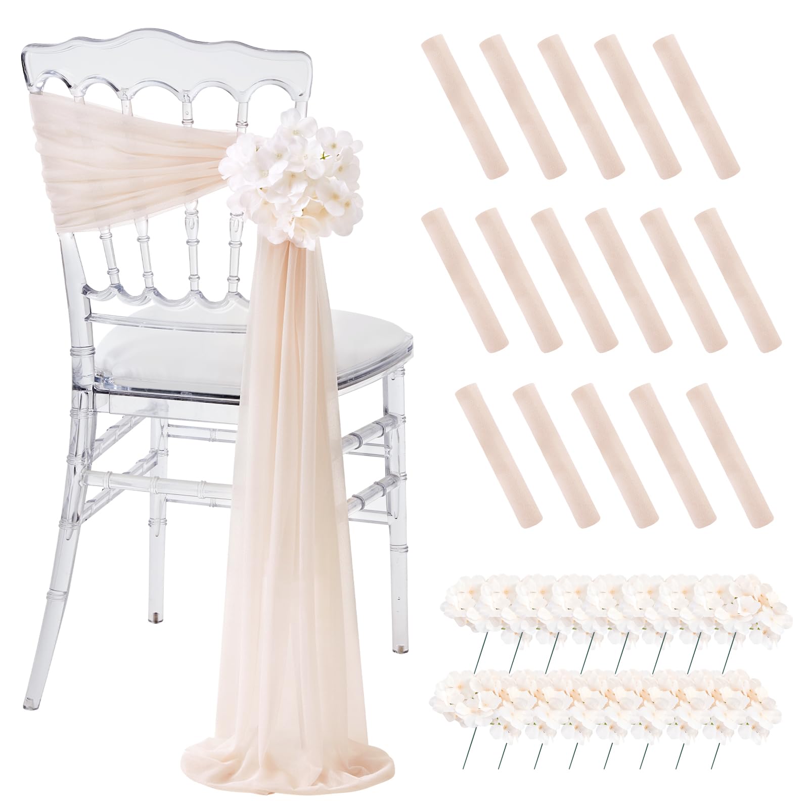 White Wedding Chair Sashes, 16 Pack Sheer Tulle with Artificial Hydrangea Accents for Ceremony & Reception Decorations