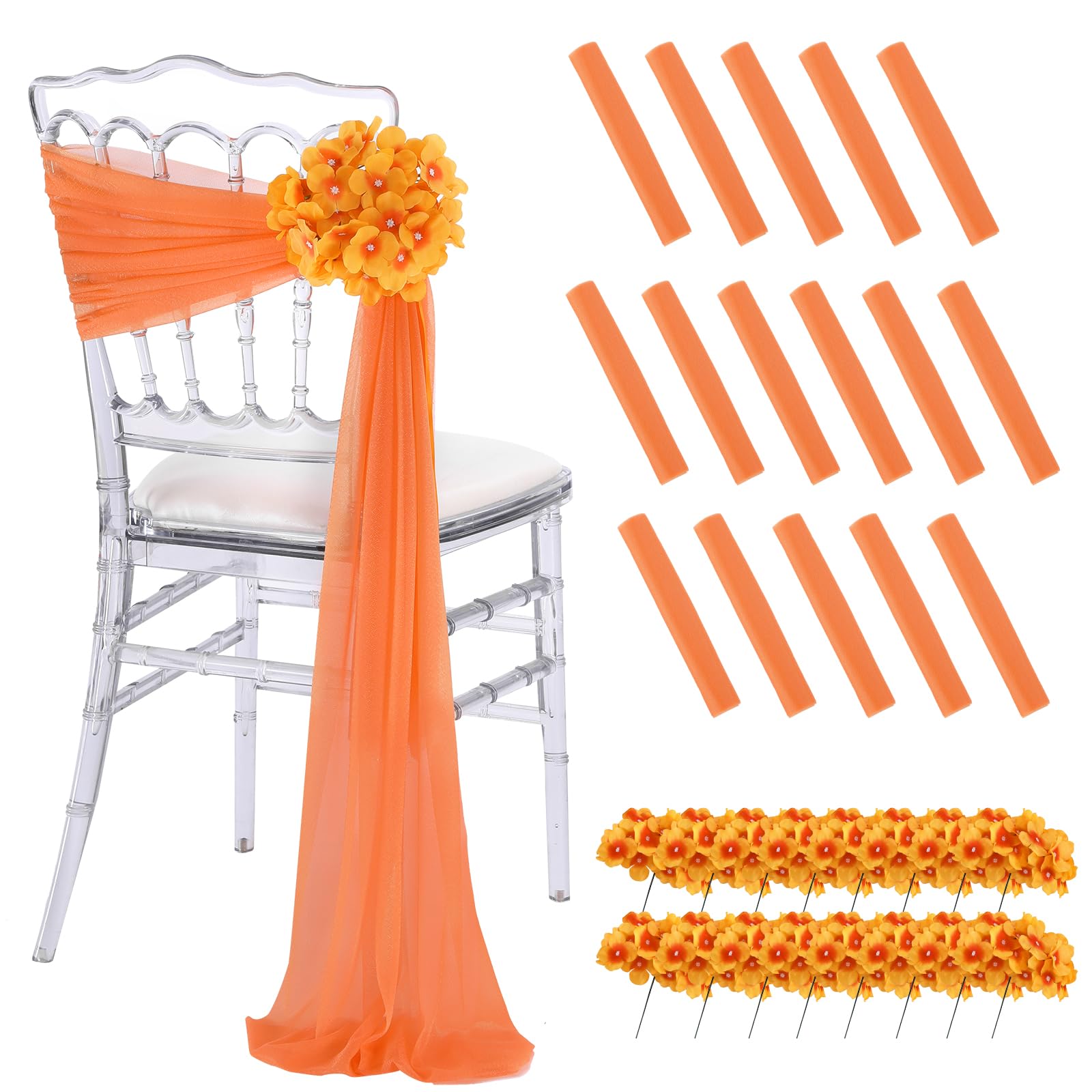 White Wedding Chair Sashes, 16 Pack Sheer Tulle with Artificial Hydrangea Accents for Ceremony & Reception Decorations